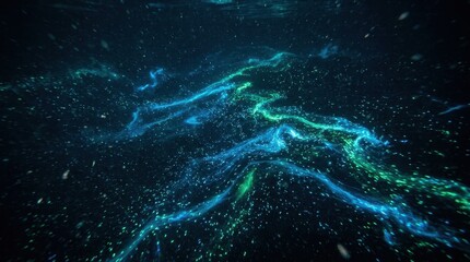 Obraz premium Ocean Bioluminescence Displaying Blue and Green Glowing Plankton in the Deep Sea