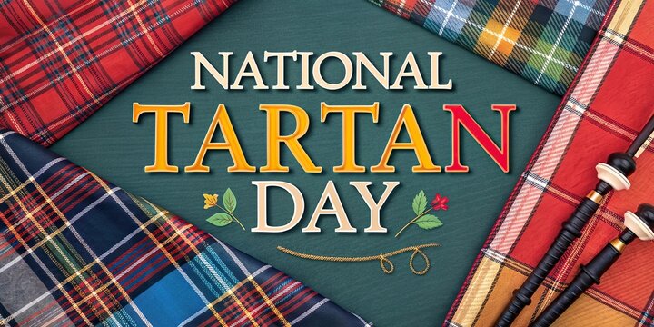 National Tartan Day banner with Scottish thistle flags and traditional tartan patterns