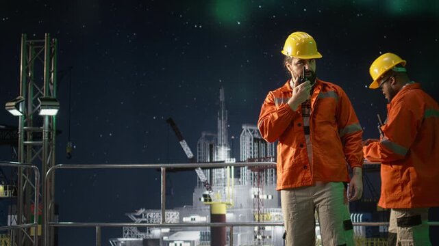 Offshore platform engineer provides operational updates over secure walkie talkie network during oil crisis while drilling barge operator maintaining radio contact during blockade.
