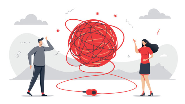 A man and woman are positioned in front of a confusing red mess of intertwined objects, seemingly assessing the situation. eps.eps