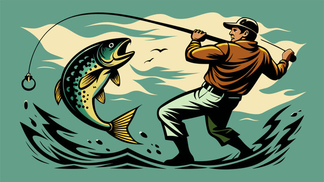 A man fishing holds two different fish, showcasing his catch against a serene water backdrop. eps.eps
