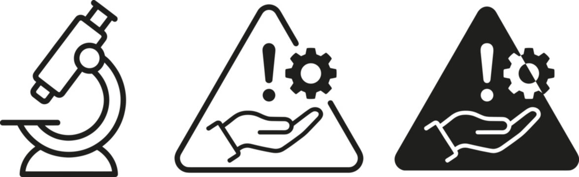Black silhouette icons of microscope and caution signs with gear and hand symbols for science, engineering, and safety concepts