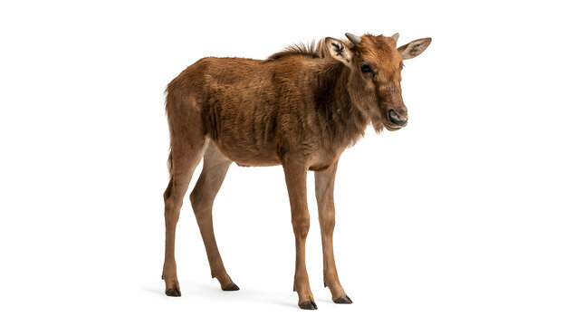An endearing young wildebeest calf, with its distinctive brown coat and delicate features, stands gracefully isolated on a pristine white studio background