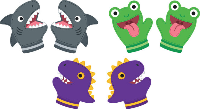 Cute Animal Hand Puppets Set with Shark, Frog, and Dinosaur Characters for Kids Entertainment Vector Illustration Design