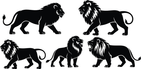 Black silhouettes of five lions in standing, walking, and roaring poses with detailed manes for wildlife vector art projects © MDSHAFIQUL