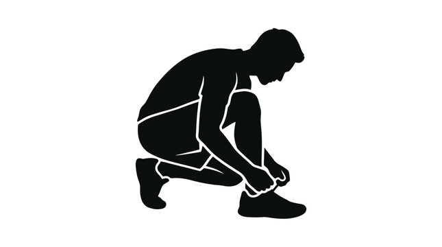 Man tying shoelaces in a squatting position.
