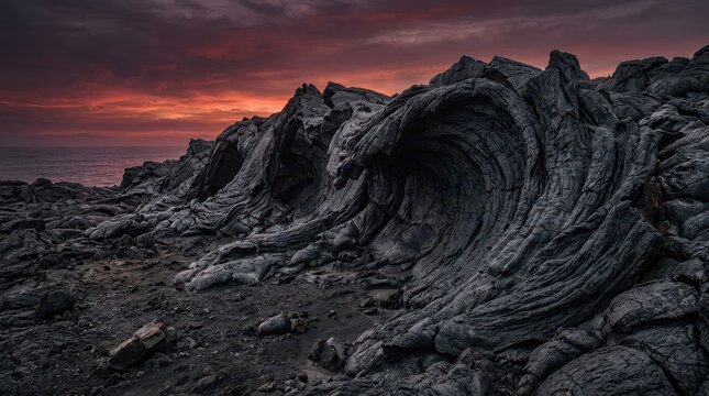 Majestic Volcanic Rock Formations Resembling Frozen Waves Under Dramatic Sunset Sky