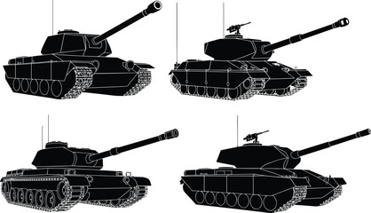 Black silhouettes of four military tanks with varied turret and hull designs for defense vector art and combat illustration projects © MDSHAFIQUL