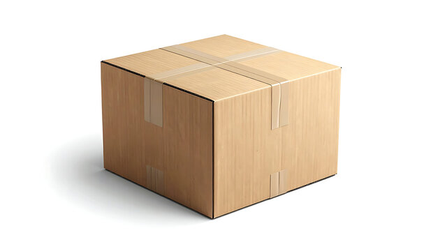 Isolated cardboard shipping box with tape, delivery parcel, logistics and e-commerce packaging, studio shot