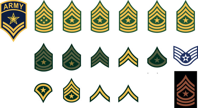 Military Rank Insignia Collection with Army Sergeant Chevrons, Officer Badges, and Uniform Symbols Vector Illustration Set