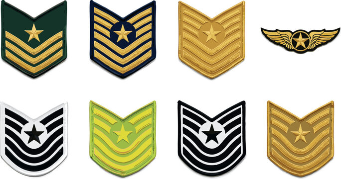 Military Rank Badge Collection with Gold Sergeant Chevrons, Star Insignia, and Aviation Wings Vector Illustration Set