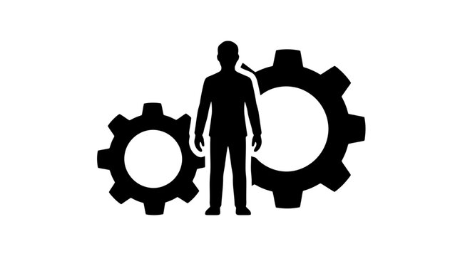 A man standing between two gearwheels.