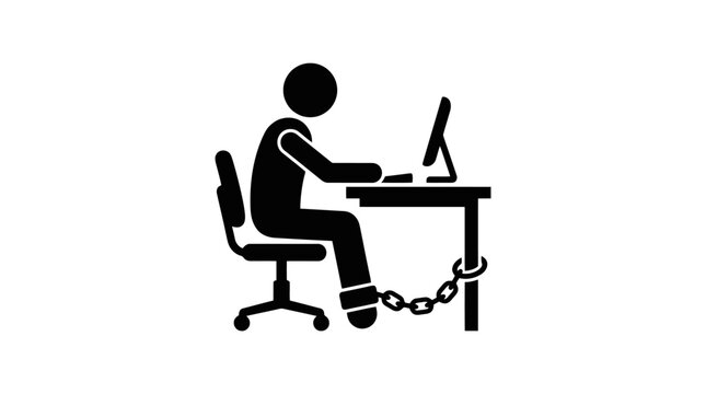Person chained to office desk working on computer.