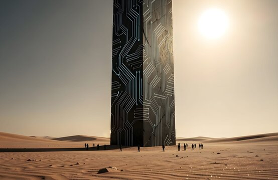 Mysterious monolith with glowing circuit patterns in a vast desert
