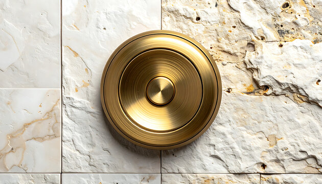 Isolated circular golden metallic object with concentric rings and central knob set against a textured marble and granite background, luxury detail