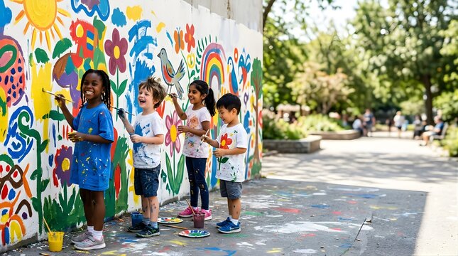 Diverse children painting a colorful mural together on an outdoor wall