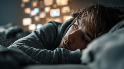 Obraz premium Female teen lost in thought lying on bed with cinematic background lighting - concept of mental health, sleep, nighttime reflection