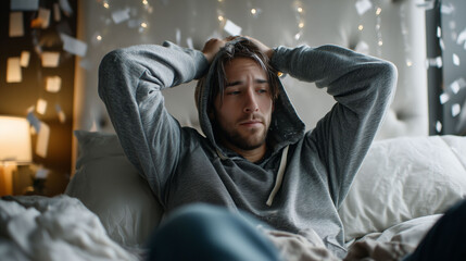 Obraz premium Young caucasian male in hoodie contemplating in bedroom at night, concept of mental health, self-reflection, lifestyle brands