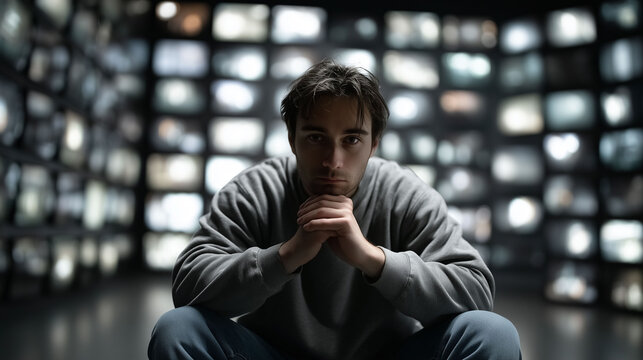 Young caucasian male in control room with multiple screens, concept of media surveillance and technology for tech firms, security companies