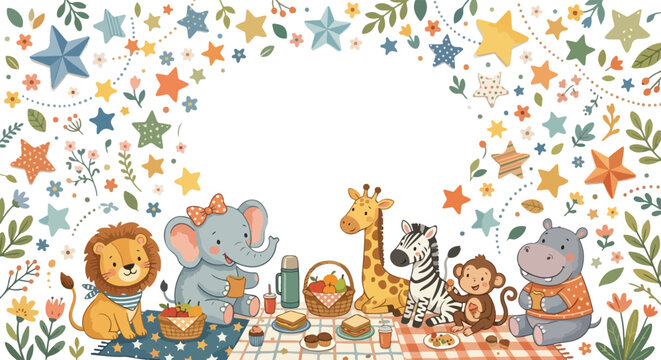 A group of cute cartoon safari animals including a lion, elephant, and giraffe enjoy a picnic on colorful blankets surrounded by stars and flowers.