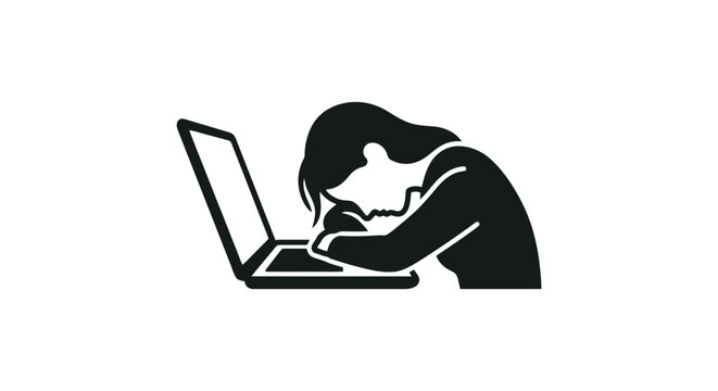 Tired woman working on laptop computer.