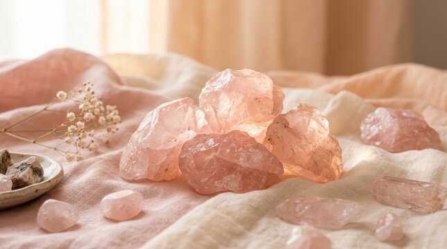 Raw Pink Rose Quartz Crystal Clusters Scattered on Textured Fabric