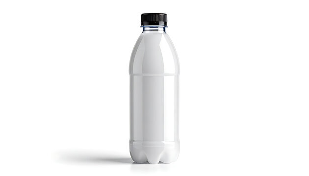Isolated clear plastic bottle with black cap and blue ring, full product shot on plain background, refreshment concept
