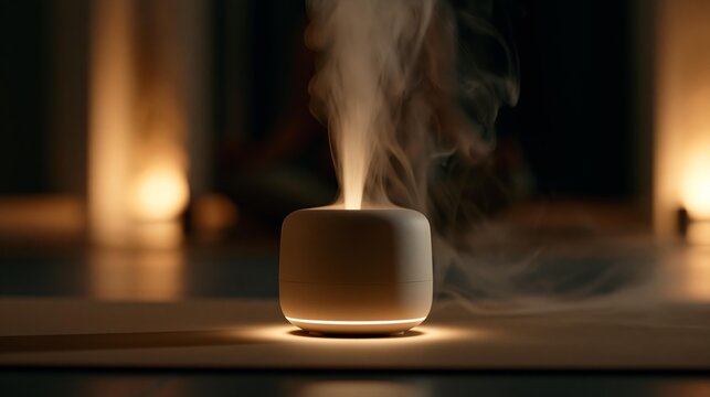 Aromatherapy diffuser releasing mist with soft ambient light in a dark room