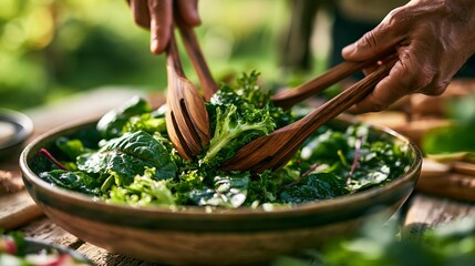 Obraz premium Close-up of hands tossing fresh green salad in a wooden bowl outdoors