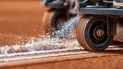 Fototapeta premium Groundskeeper uses a drag to smooth a clay tennis court during maintenance