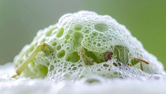 Spittlebug Nymph Creating Its Protective Frothy Casing in Macro Detail