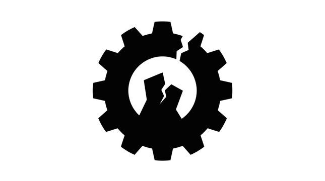 Black silhouette gear icon with wrench.