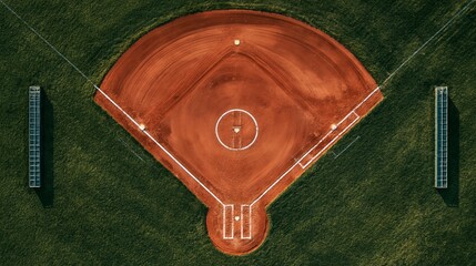 Naklejka premium Aerial view of a baseball field with green grass and dirt infield