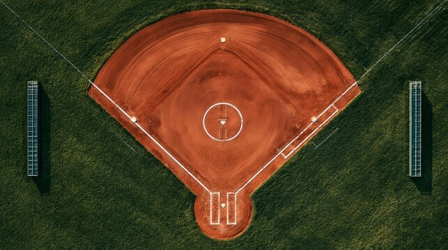 Aerial view of a baseball field with green grass and dirt infield