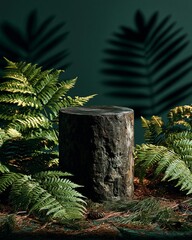 Obraz premium Natural wood podium surrounded by lush ferns and pine needles in a dark forest setting