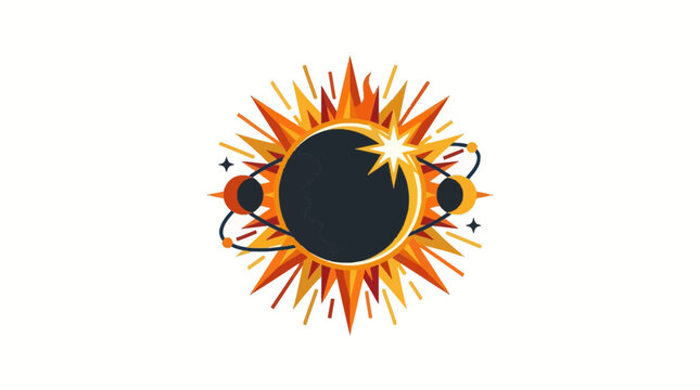 Abstract Solar Eclipse Illustration with Orbiting Planets and Sunburst