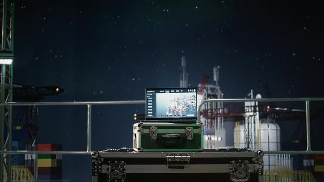 Laptop dashboard on drilling barge deck monitoring declining petrol extraction rates with energy crisis software.
