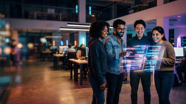 Diverse software developers interacting with digital holographic code in office