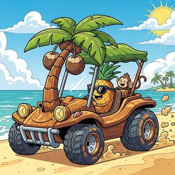 Vintage motorcycle with tropical foliage and ocean backdrop.