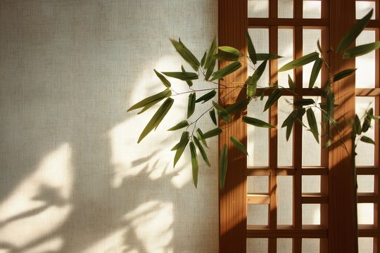 Bamboo leaf shadow on traditional Korean window lattice screen