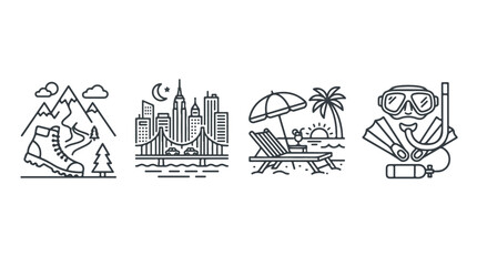Set of Outline Travel Icons with Mountain Hiking City and Beach Vacation Themes © Afi