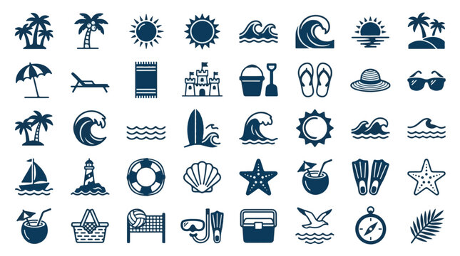 Summer Beach Icons Collection in Dark Blue for Vacation and Recreation