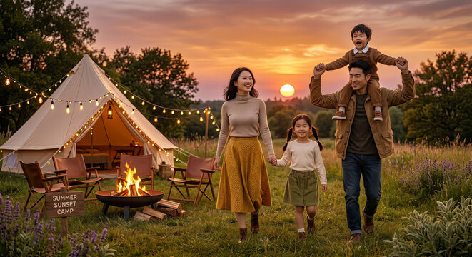 A happy Asian family spends quality leisure time during a sunset glamping trip in a pastoral outdoor campsite.