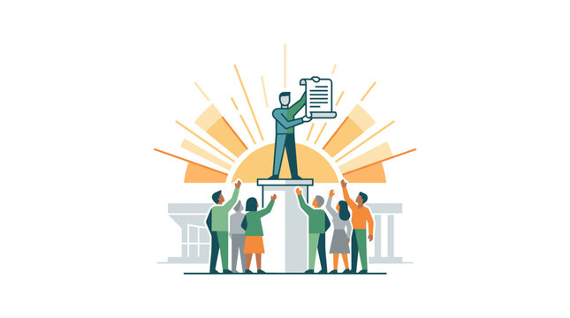 People celebrating a leader holding a document with a sunburst behind them symbolizing success and achievement Vector