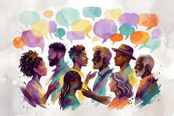 Fototapeta premium Diverse group of people talking with colorful speech bubbles