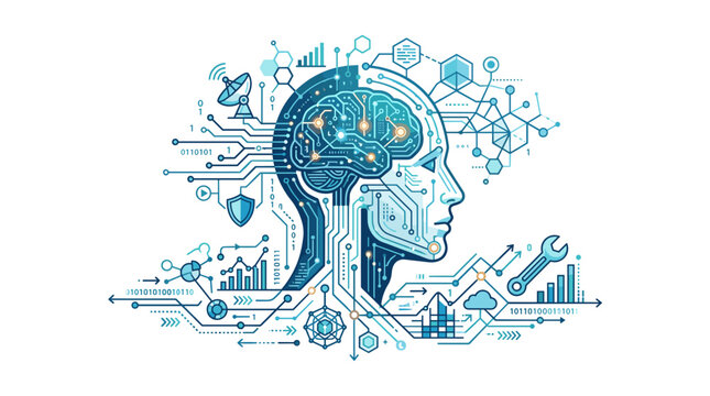 Artificial intelligence concept with human head and digital circuits symbolizing technology and innovation Vector