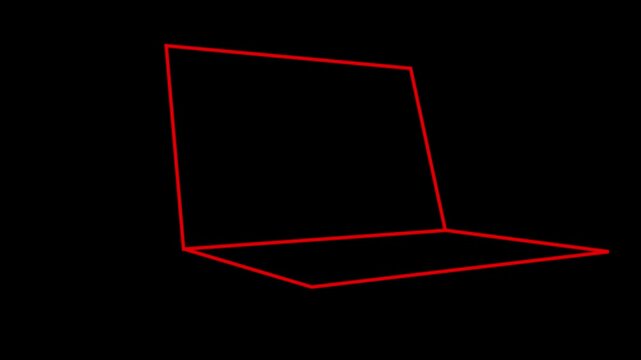 Set of minimalist laptop animations with glowing cyan and red buffering loading icons on black background.