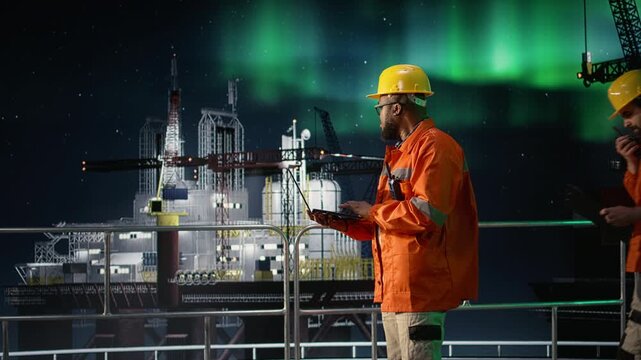 African american man on offshore rig reviewing maritime security issues during conflict while a drilling barge specialist oversees embargo affecting operations with notebook device.