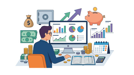 Naklejka premium Financial analyst working on computer with charts and graphs surrounded by money and savings symbols Vector