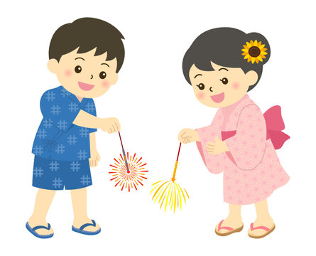 手持ち花火で遊ぶ浴衣姿の男の子と女の子 夏の思い出フラットベクターイラスト